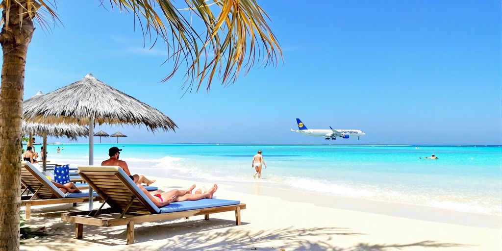 Solrike reisende slapper av på strand med fly i bakgrunnen