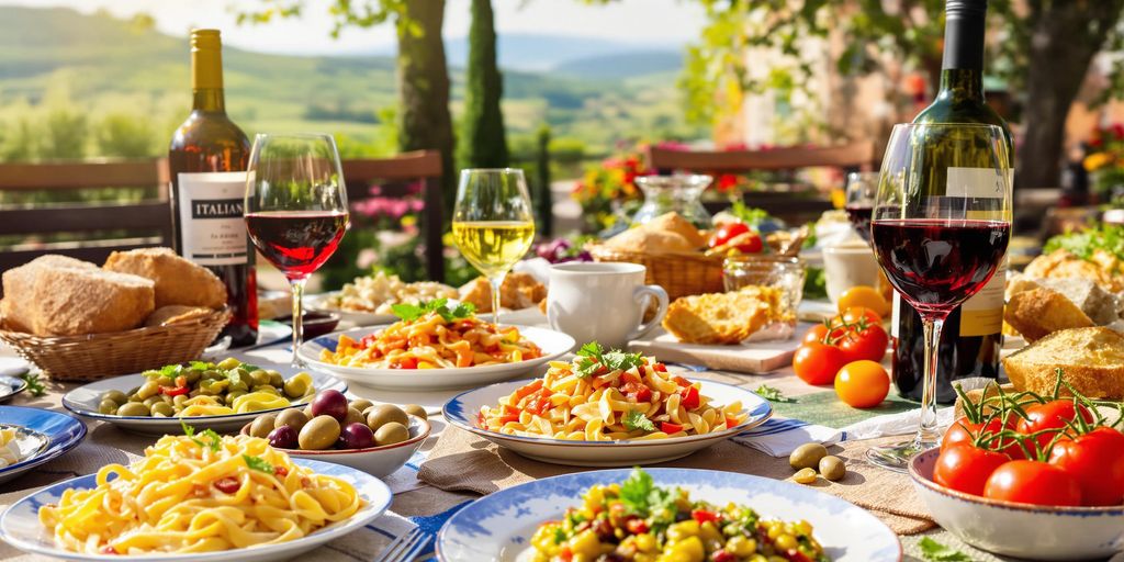 Italiensk bord med pasta, vin, brød og tomater