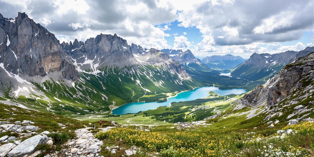 Fjellvandring i Norge med grønne daler og blå innsjøer.