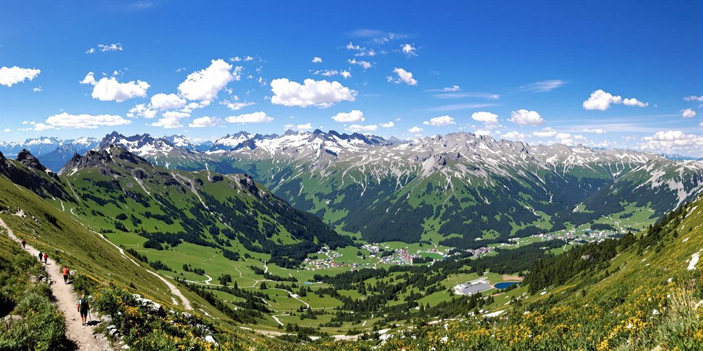 Fotturister på fjellsti med vakker europeisk natur