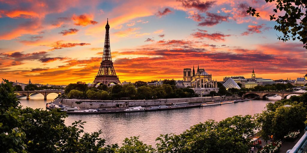 Eiffeltårnet, Notre-Dame, Louvre og Seinen i solnedgang