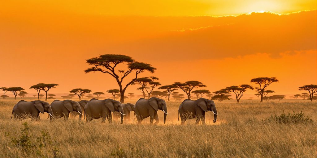 Elefanter går over savannen i solnedgang i Afrika