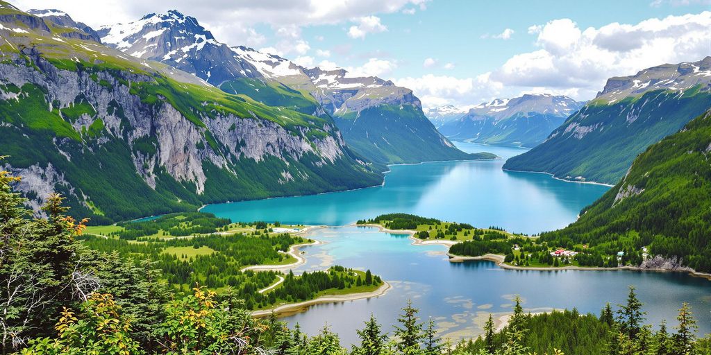 Fjorder, fjell og innsjø i norsk natur under blå himmel.
