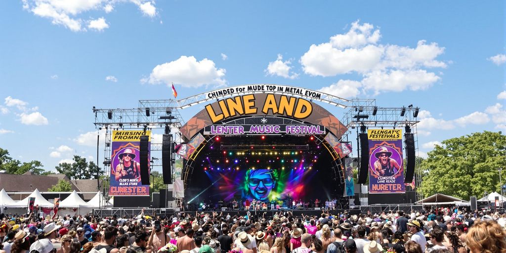 Glade mennesker danser foran festivalscene i sommersol