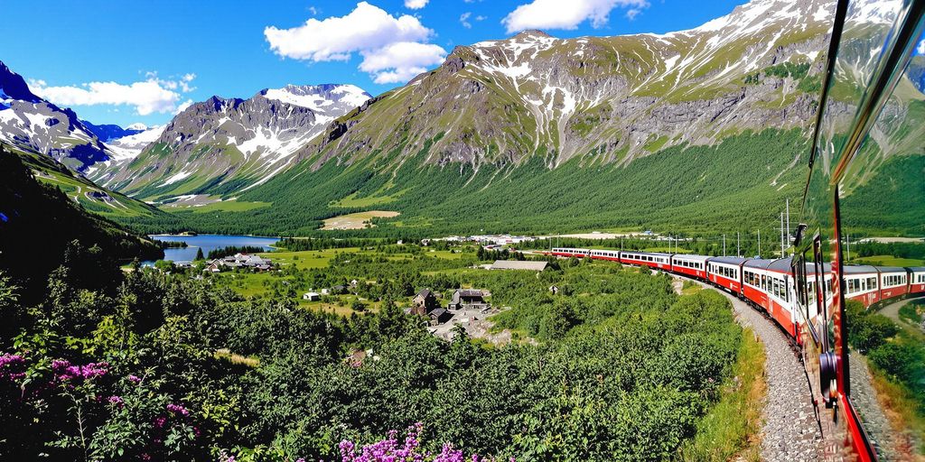 Tog kjører langs fjord med fjell og grønne daler.