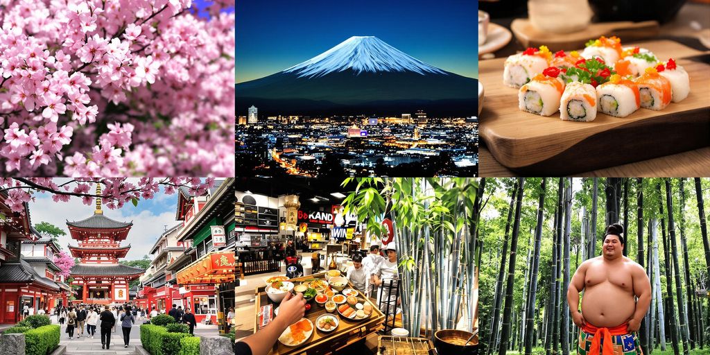 Fargerik collage med japansk tempel, kirsebærblomster og sushi.