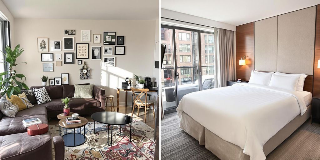 Hotellrom og Airbnb-leilighet side om side, begge innbydende.