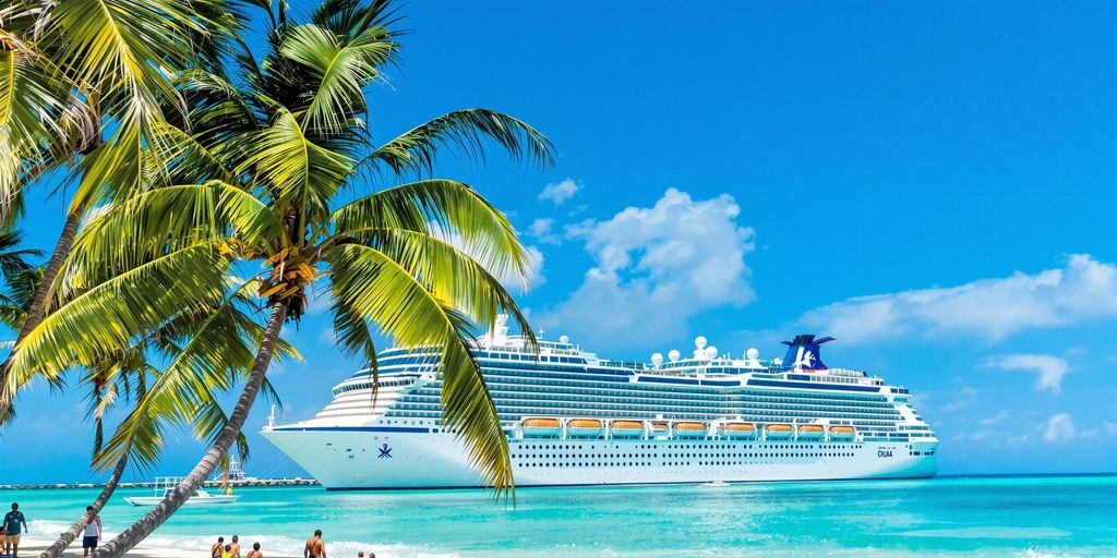 Cruiseskip på turkis hav med palmer og sandstrand foran.
