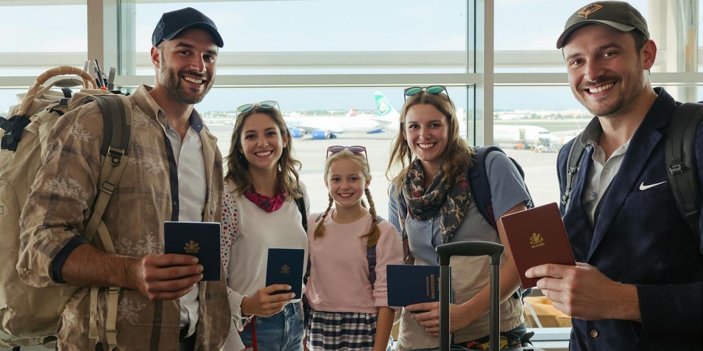 Familie med kofferter på flyplass, klar for ferie