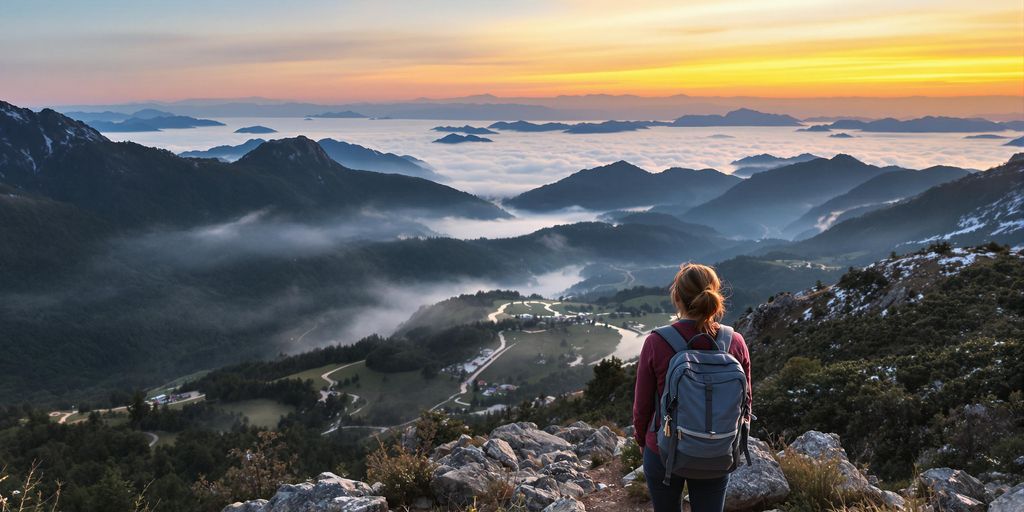 Ung kvinne på fjelltopp ser utover vakker soloppgang